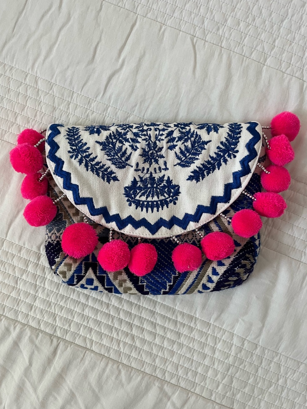 Embroidered Blue & Hot Pink Pom-Pom Women's Clutch